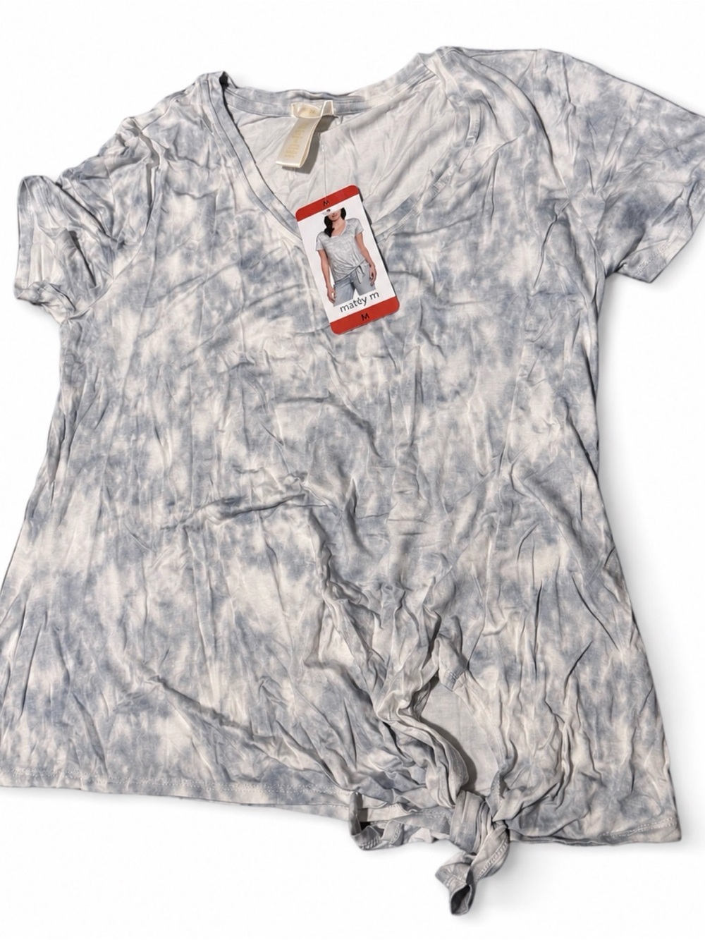 Matty M Women's Tie-Dye Short Sleeve V-Neck Tee with Front Knot (M)